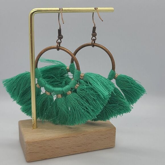 Green Boho Fringe Tassel Hoop Fan Dangle Drop Earrings Tribal Native Jewelry New - Picture 4 of 7
